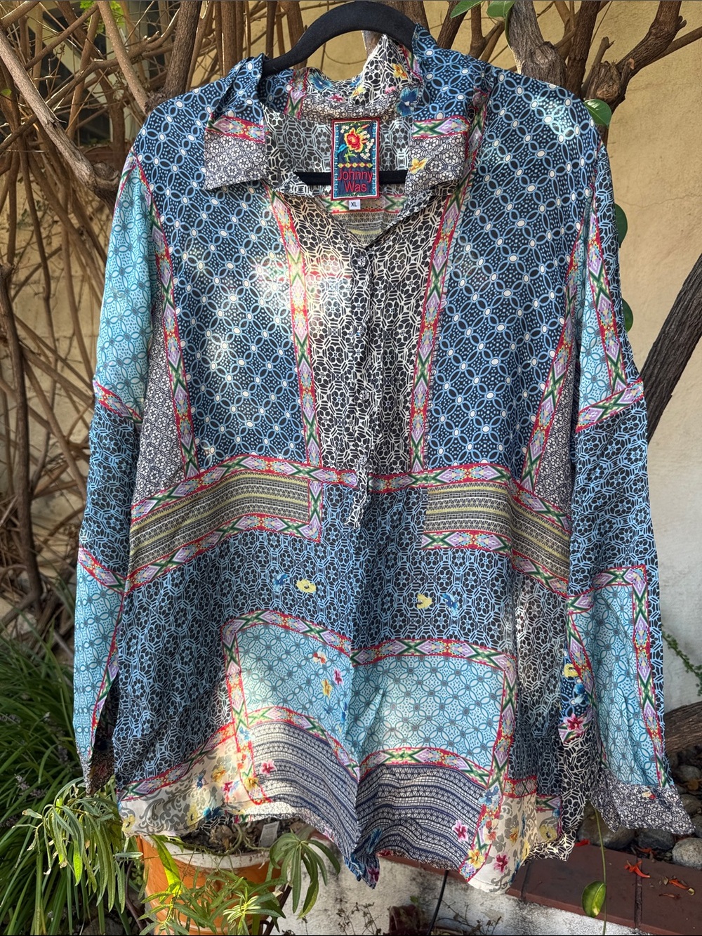 Johnny Was Blue Multicolor Printed Boho Tunic Top
